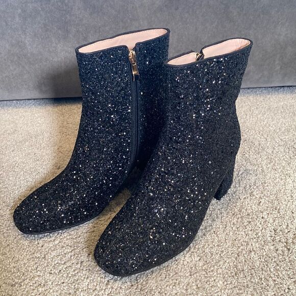 Women’s Black Glitter Covered Chunky Heeled Party Boots with Zipper Size 6.5 NEW - Picture 1 of 10